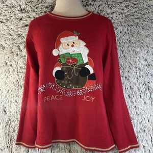 Christmas Knit Sweater Santa Peace Joy Red Holly Metallic Gold Sequin Size 8-10